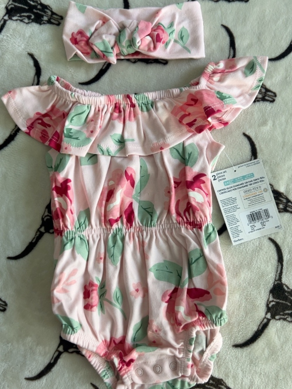 NWT Gerber Baby Girl Pink Floral Bubble Romper Headband 6-9M